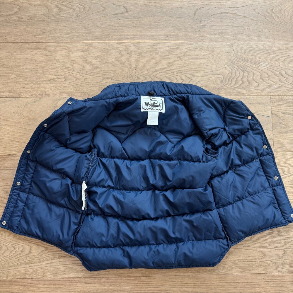 Woolrich Vintage Navy Blue Down Puffer Vest Leather Suede Western Yoke Medium - Picture 8 of 9